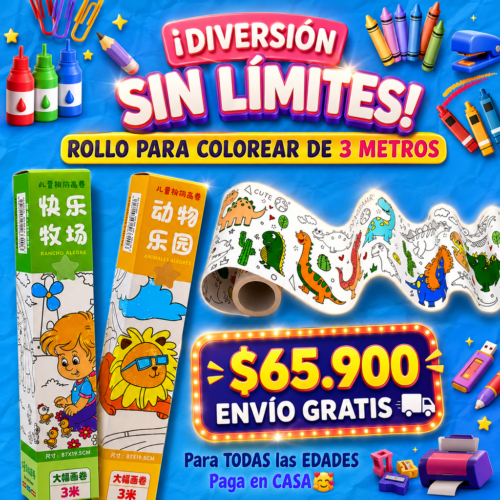 🌈 Rollo Gigante para Colorear de 3 Metros | Diversión y Creatividad sin Límites